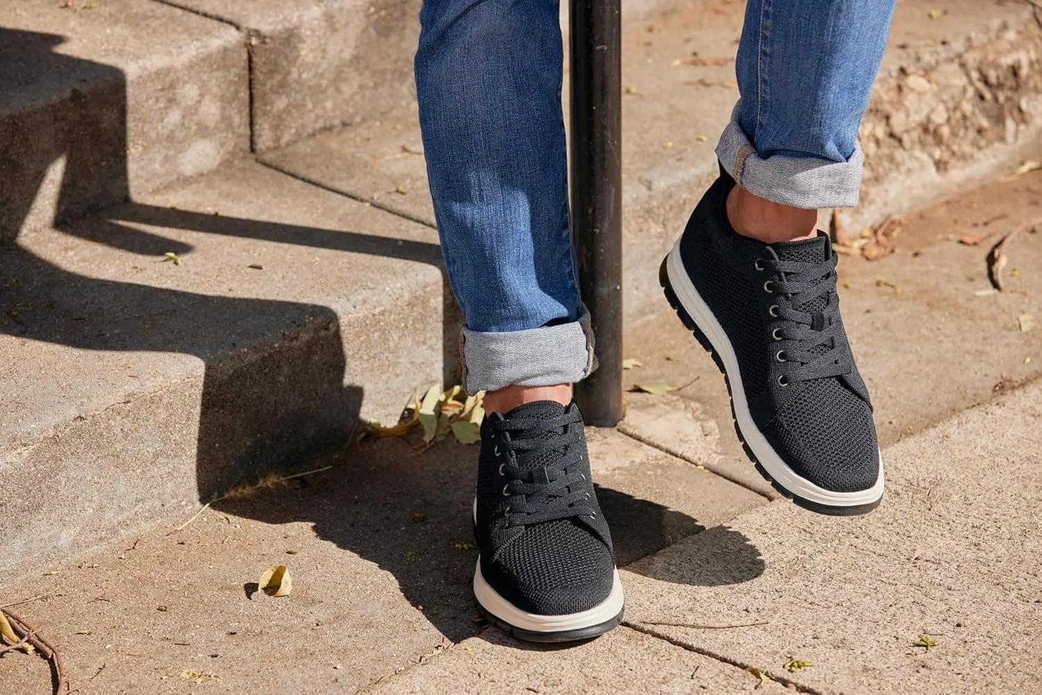 CALTO Men's Invisible Height Increasing Elevator Casual Shoes - Black/White & Black Sole Light-Weight Lace-up Knitted Casual Sporty Sneakers - 2.4 Inches Taller - X2322 - Size 12 D(M) US
