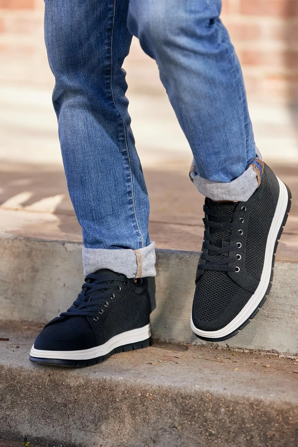 CALTO Men's Invisible Height Increasing Elevator Casual Shoes - Black/White & Black Sole Light-Weight Lace-up Knitted Casual Sporty Sneakers - 2.4 Inches Taller - X2322 - Size 12 D(M) US