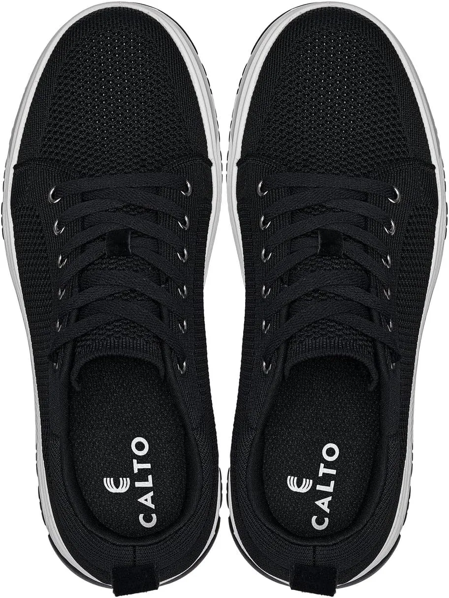 CALTO Men's Invisible Height Increasing Elevator Casual Shoes - Black/White & Black Sole Light-Weight Lace-up Knitted Casual Sporty Sneakers - 2.4 Inches Taller - X2322 - Size 12 D(M) US