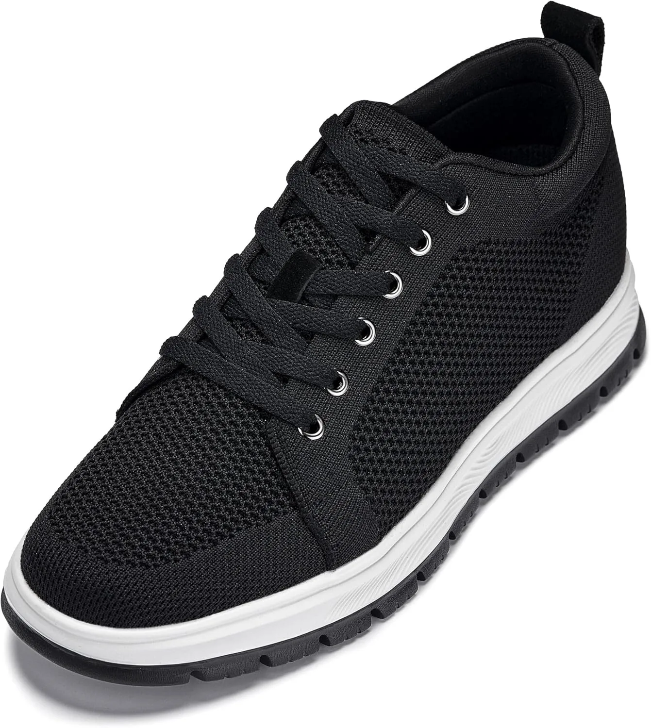 CALTO Men's Invisible Height Increasing Elevator Casual Shoes - Black/White & Black Sole Light-Weight Lace-up Knitted Casual Sporty Sneakers - 2.4 Inches Taller - X2322 - Size 12 D(M) US