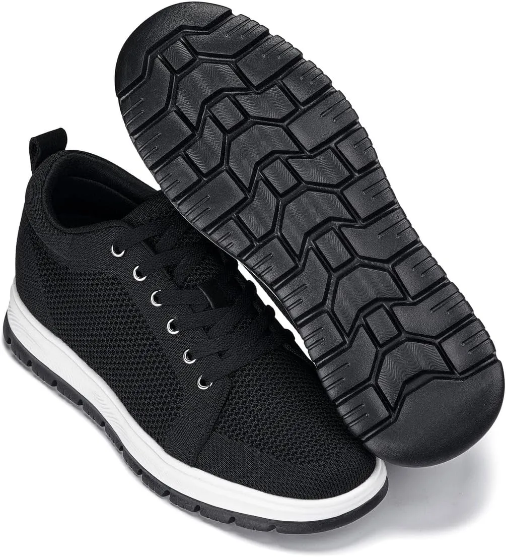 CALTO Men's Invisible Height Increasing Elevator Casual Shoes - Black/White & Black Sole Light-Weight Lace-up Knitted Casual Sporty Sneakers - 2.4 Inches Taller - X2322 - Size 12 D(M) US