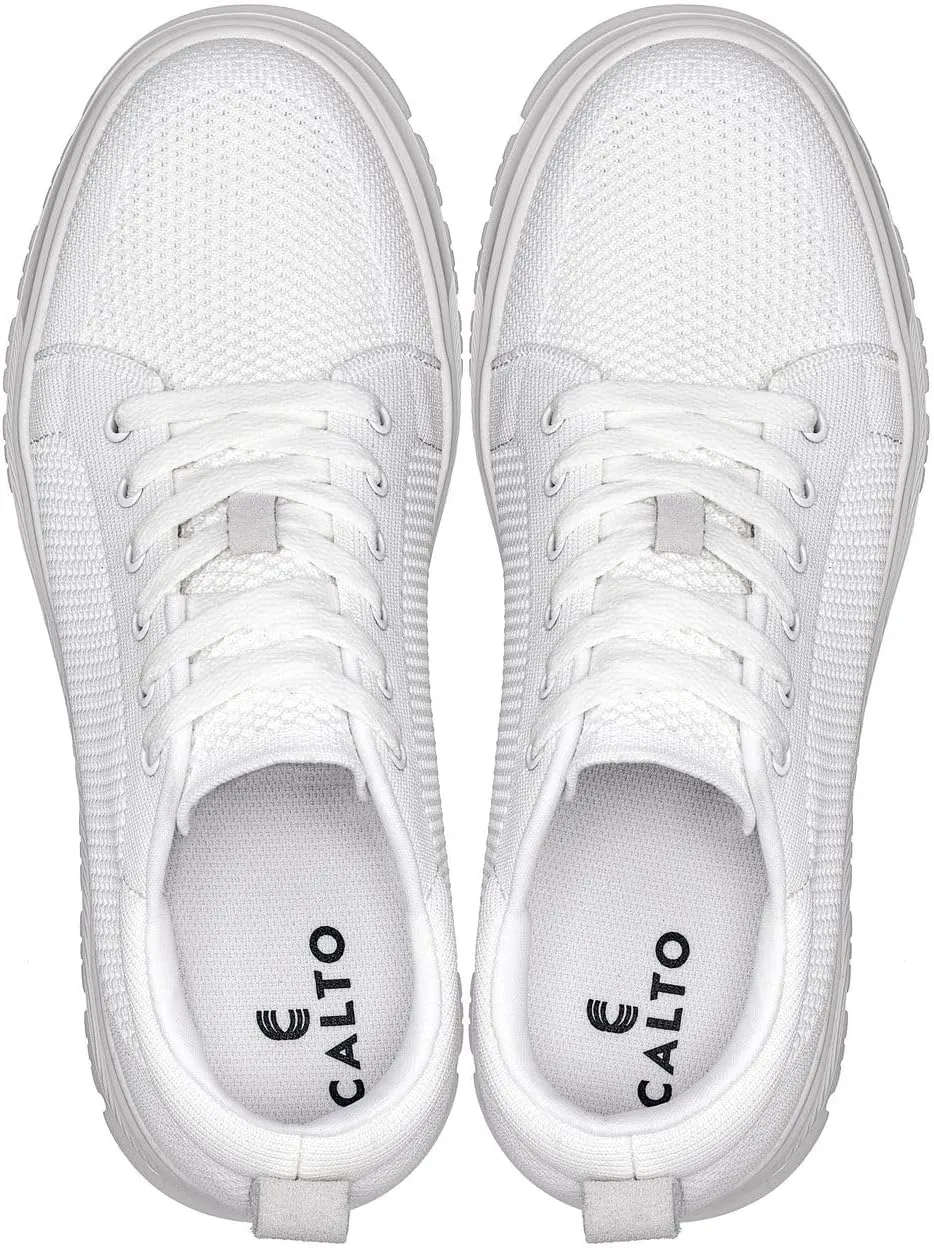 CALTO Men's Invisible Height Increasing Elevator Casual Shoes - White/White Sole Light-Weight Lace-up Knitted Casual Sporty Sneakers - 2.4 Inches Taller - X2321 - Size 8 D(M) US