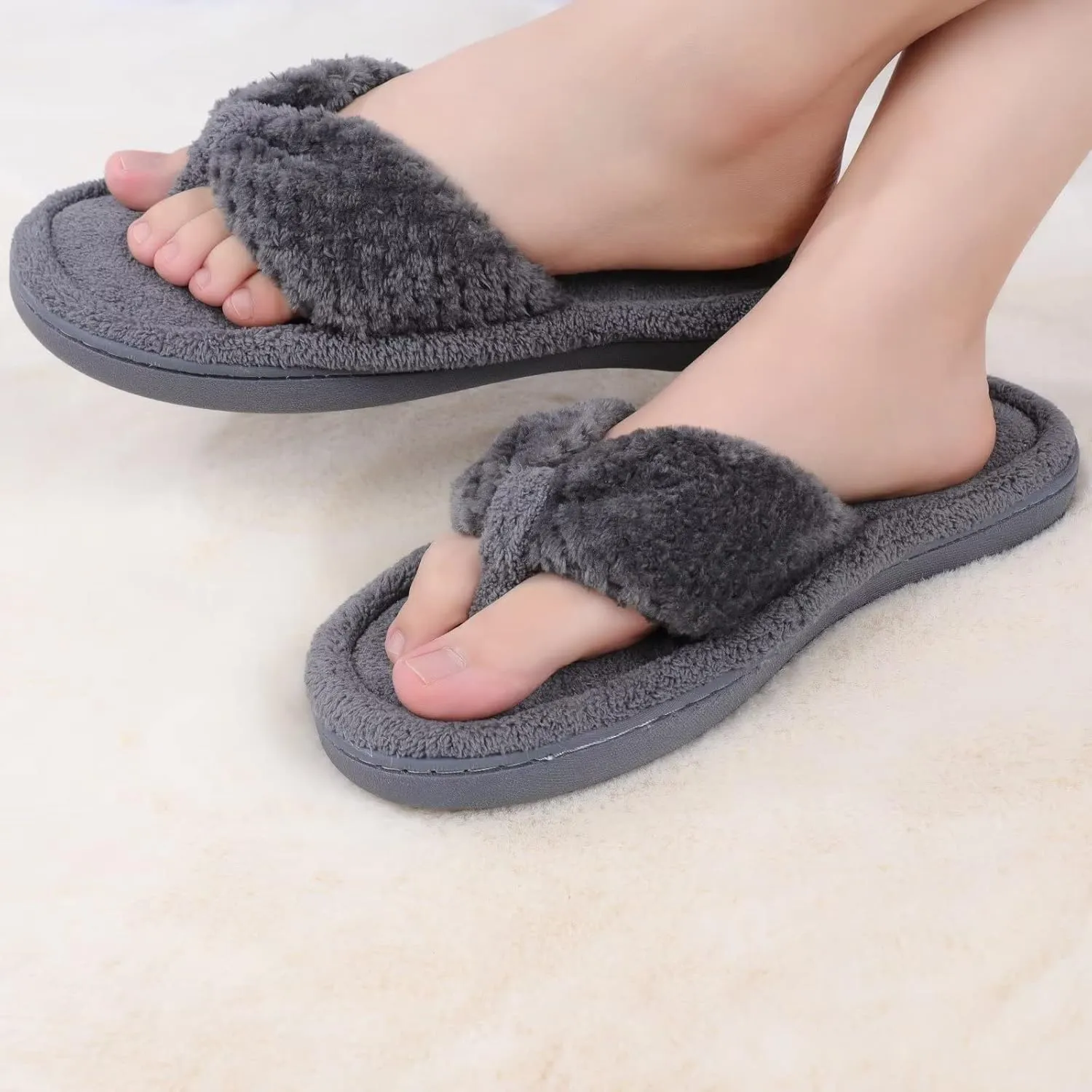 CIOR Women's Cozy Memory Foam Spa Thong Flip Flops House Indoor Slippers Plush Gridding Velvet Lining Clog Style-U1MTW017-0716