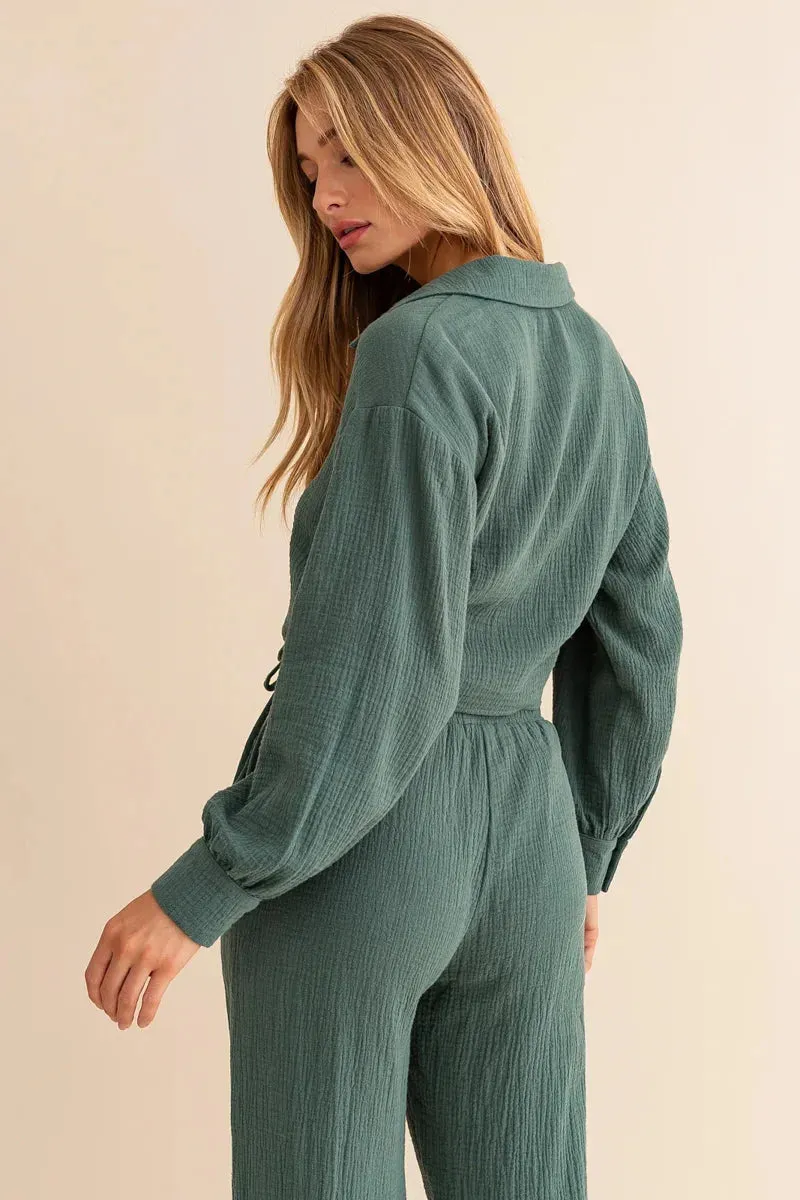 Cotton Ruched Long Sleeve Button Down Collard Top