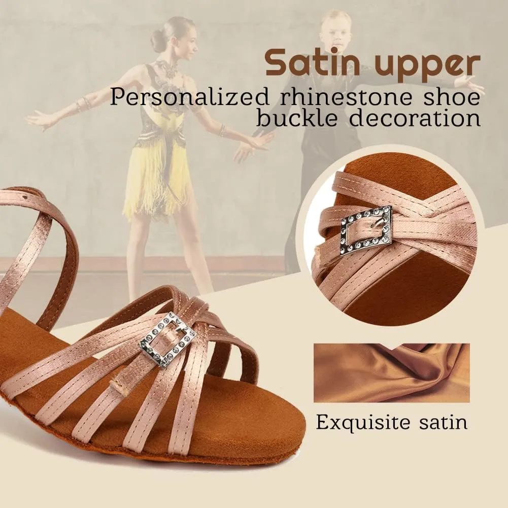 Gilrs Latin Dance Shoes Tan Low Heel Tango Salsa Ballroom Dance Practice Shoes