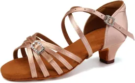 Gilrs Latin Dance Shoes Tan Low Heel Tango Salsa Ballroom Dance Practice Shoes