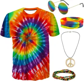 Gionforsy Hippie Costume Outfit for Men Women 60s 70s Costume Accessories T-shirt Peace Necklace for Halloween Costume Party