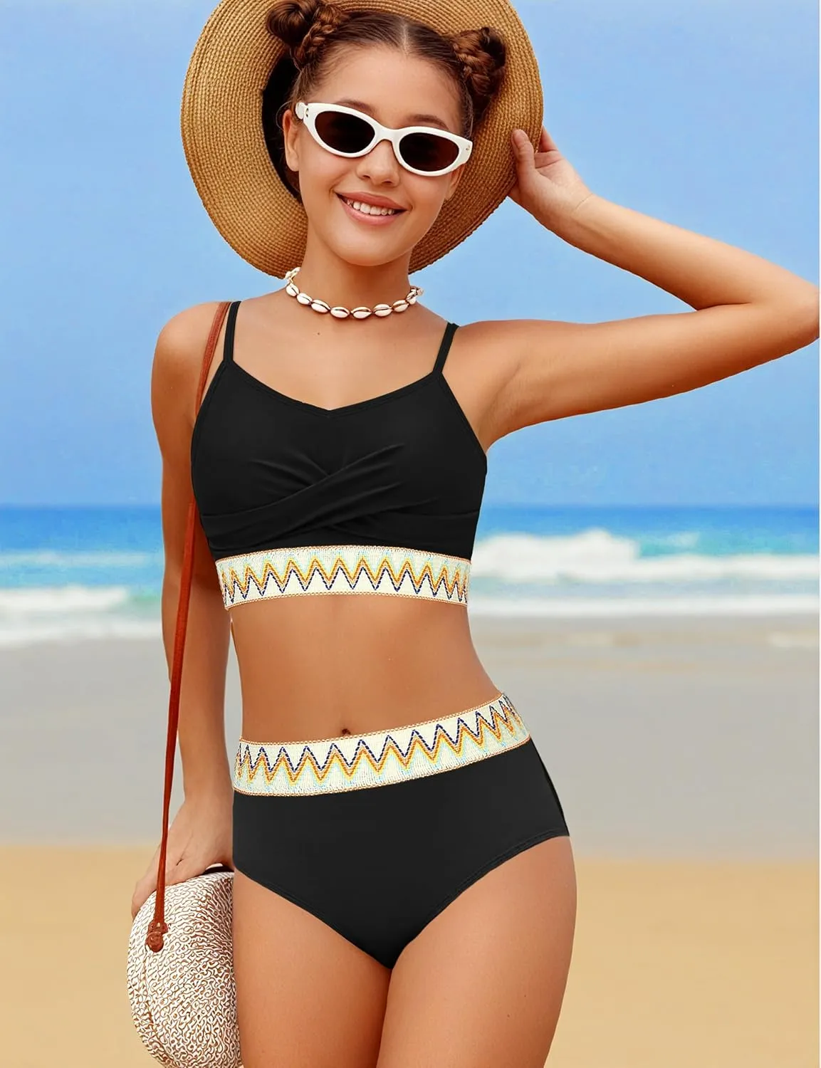 Girls Swimsuit 2 Piece Teen Criss Cross Bikini Set Woven Color Block Welt Bathing Suit for Girls Swimwear 9-18T