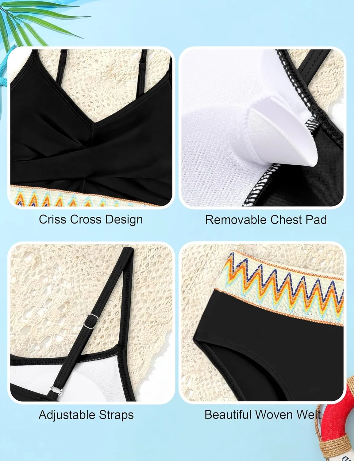 Girls Swimsuit 2 Piece Teen Criss Cross Bikini Set Woven Color Block Welt Bathing Suit for Girls Swimwear 9-18T