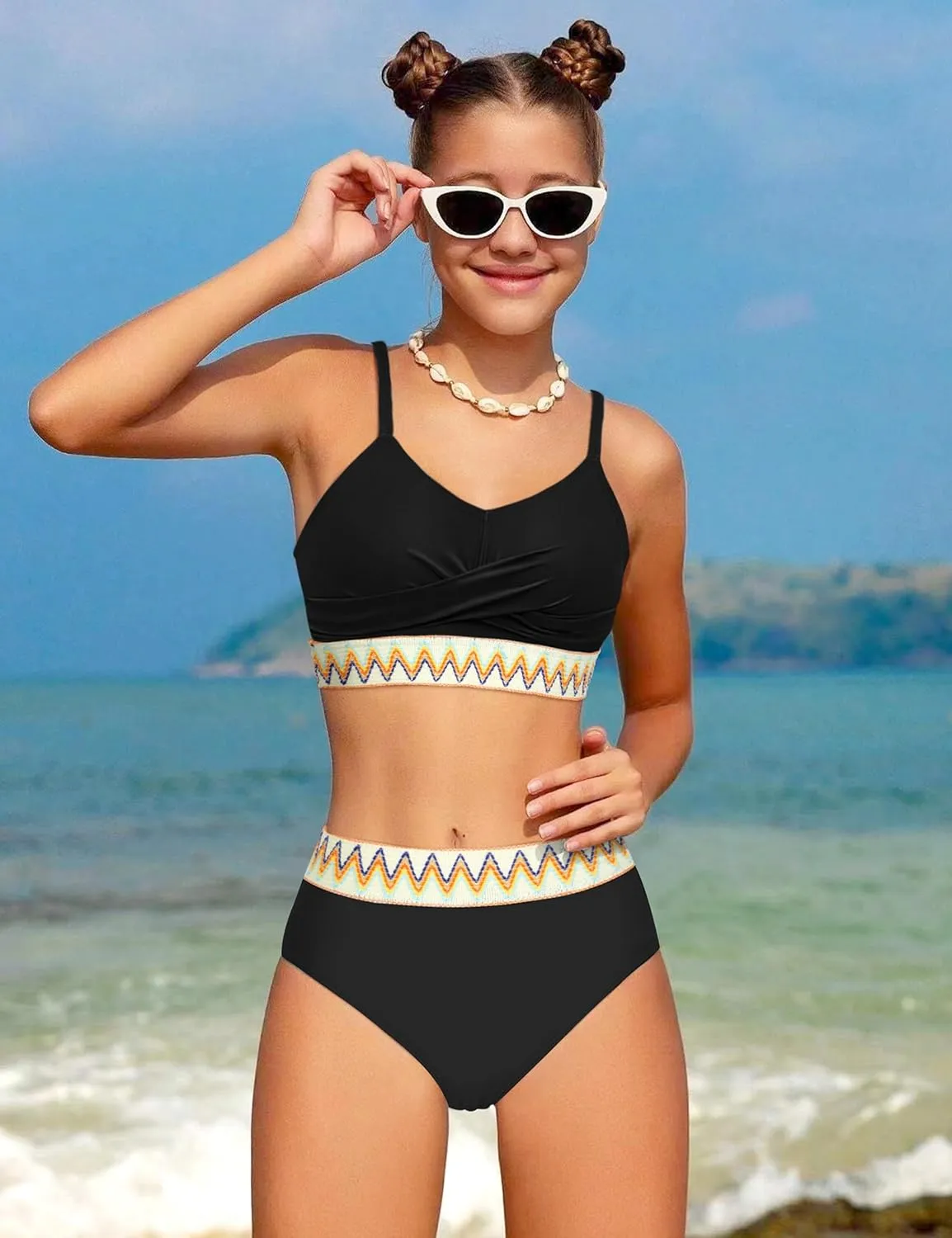 Girls Swimsuit 2 Piece Teen Criss Cross Bikini Set Woven Color Block Welt Bathing Suit for Girls Swimwear 9-18T