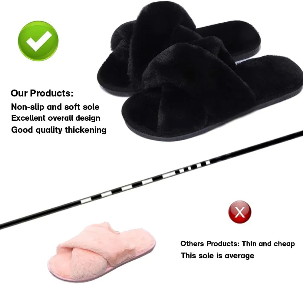 LZLER Womens Cross Band Slippers, Soft Plush Fleece Lightweight Non Slip Open Toe Flip Flop Shoes House Indoor Outdoor Fur Fuzzy Slippers