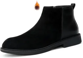 Men's Genuine Leather Slip-On Chelsea Boots with Side Zipper Classic Round Toe Soft Bottom Low Block Heel Dress Ankle Boots Casual Anti-Slip Bootie