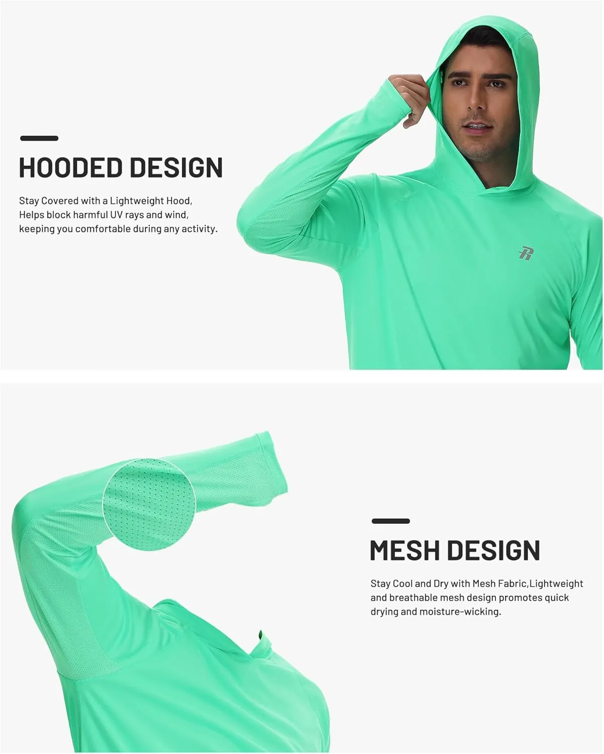 Runhit UPF 50  Fishing Shirts for Men Long Sleeve Sun Protection Hoodie Lightweight Outdoor Workout Hiking Running Rash Guard