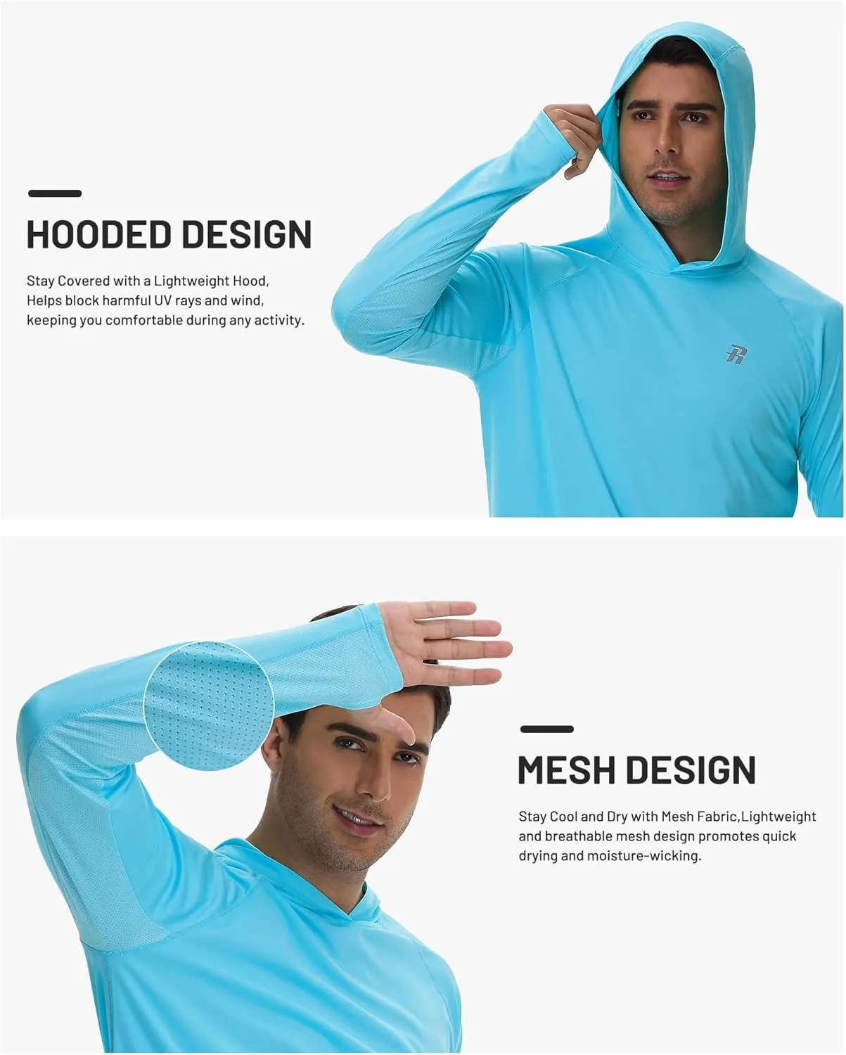 Runhit UPF 50  Fishing Shirts for Men Long Sleeve Sun Protection Hoodie Lightweight Outdoor Workout Hiking Running Rash Guard
