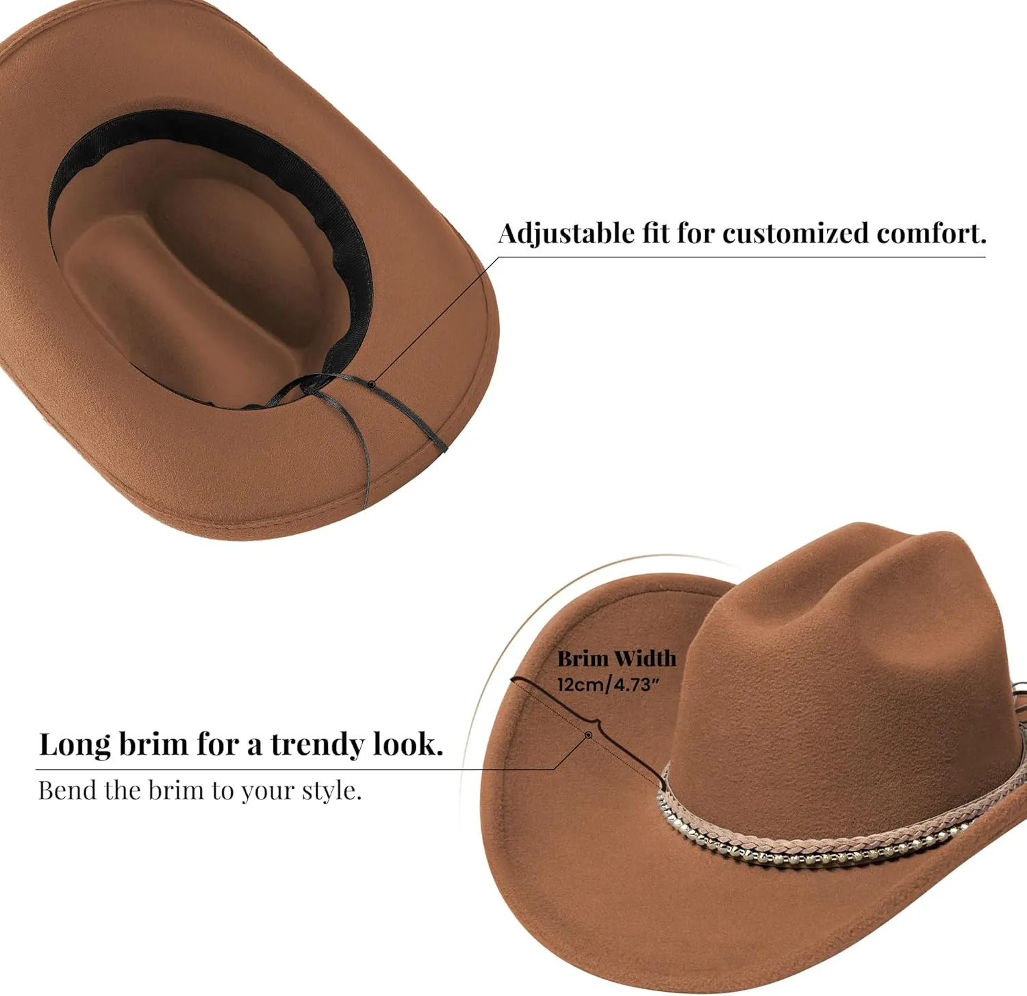 SAJUZEN Cowboy Hats for Women and Men with Wide Brim Felt Western Hats for Cowgirls and Cowboys