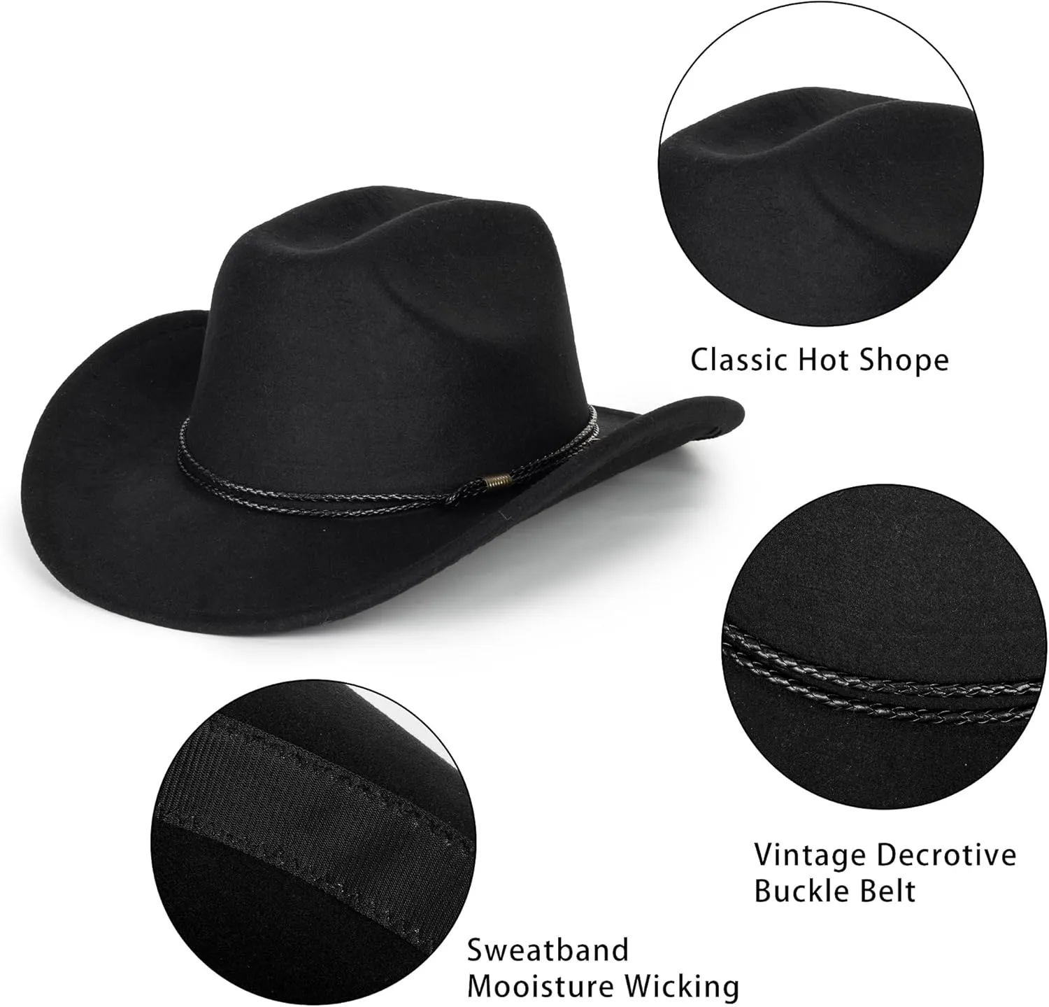 Western Cowboy Hat for Men Women Classic Fedora Hat with Buckle Belt (Size:M-L)