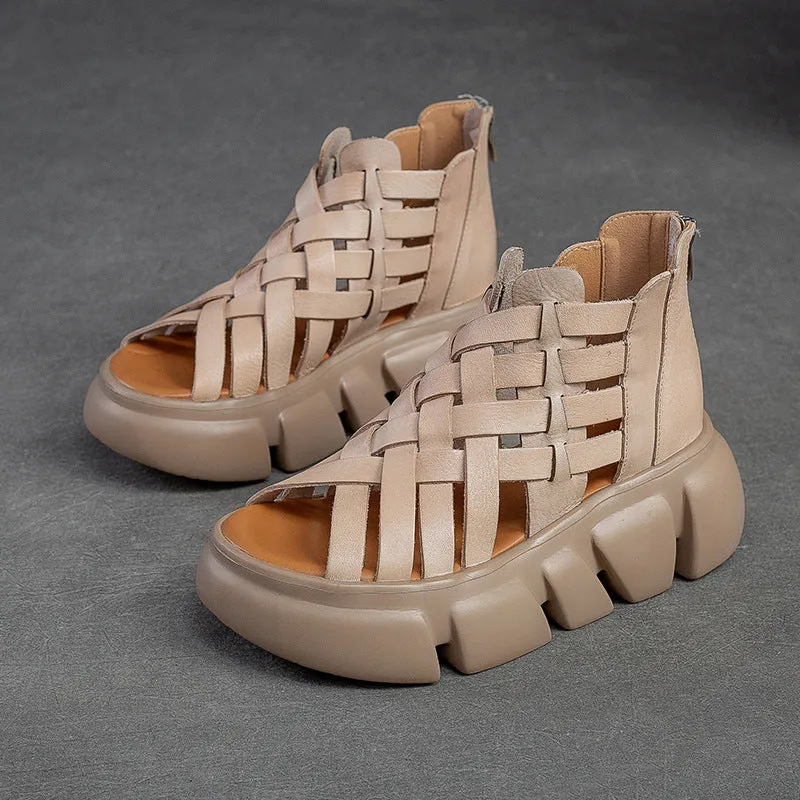 Women's Leather Woven Open Toe Platform Fashion Sandals