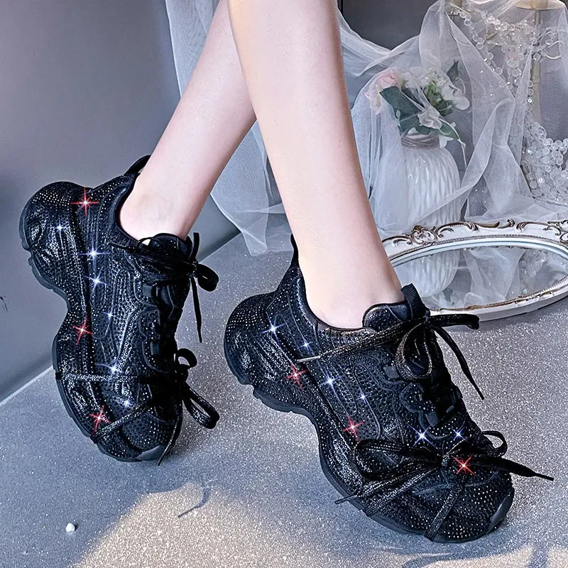 Women's Luxury Bling Platform Sneakers – High-Quality Fashion Lace-Up Tennis Shoes for Running & Outdoor Casual Wear