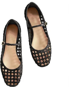 Woven Mesh Ballet Flats for Women with Metal Buckle Strap Ballerina Flat Shoes Comfortable Round Toe Mary Jane Flat.